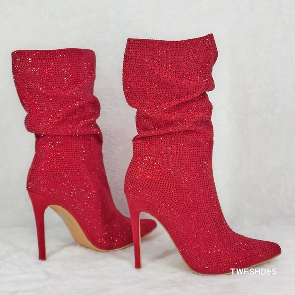 Resolve Sparkling Red Rhinestone High Heel Slouch Calf Boots New Years Bling - Picture 10 of 17